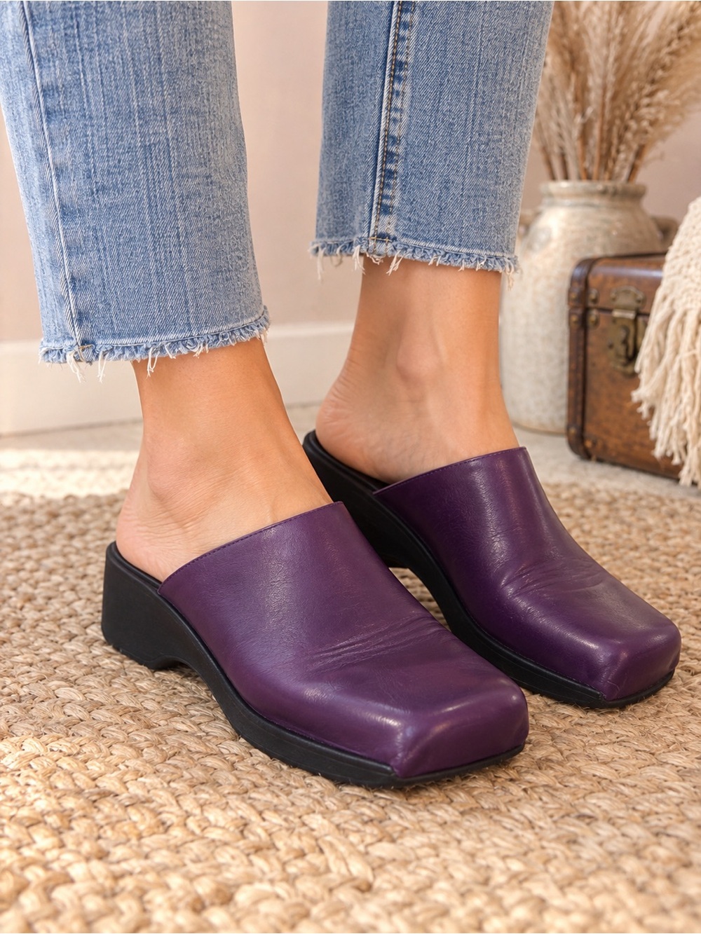 Wolky Purple Leather Slip-On Clog Mules for Women